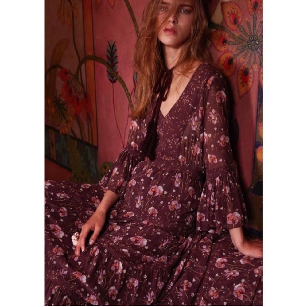 Ulla Johnson Aurora Silk Georgette Maxi Dress Long Sleeve Floral Plum
